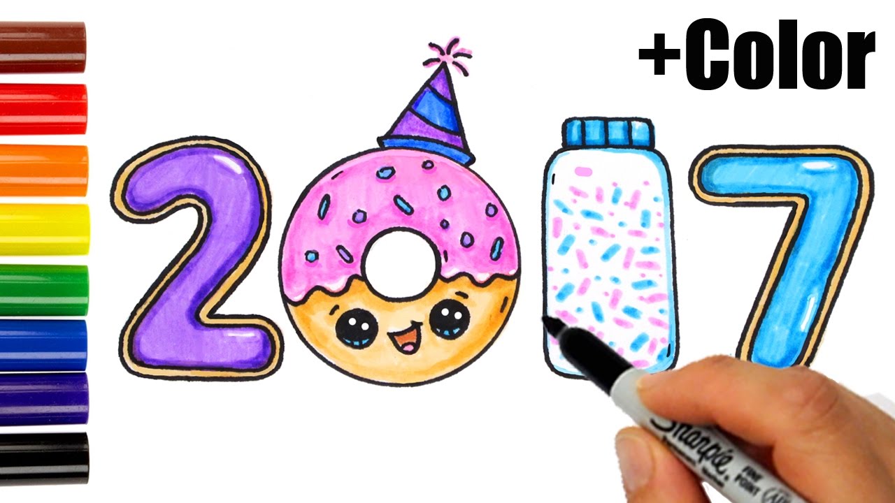 How to Draw + Color 2017 as Cookies, Donut, Sprinkles - Happy New Year 