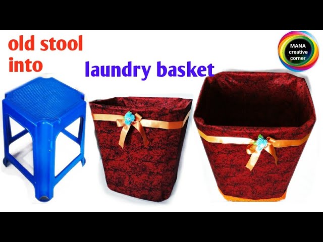 DIy laundry basket from old sitting stool/old stool reuse idea/laundry organizing ideas 