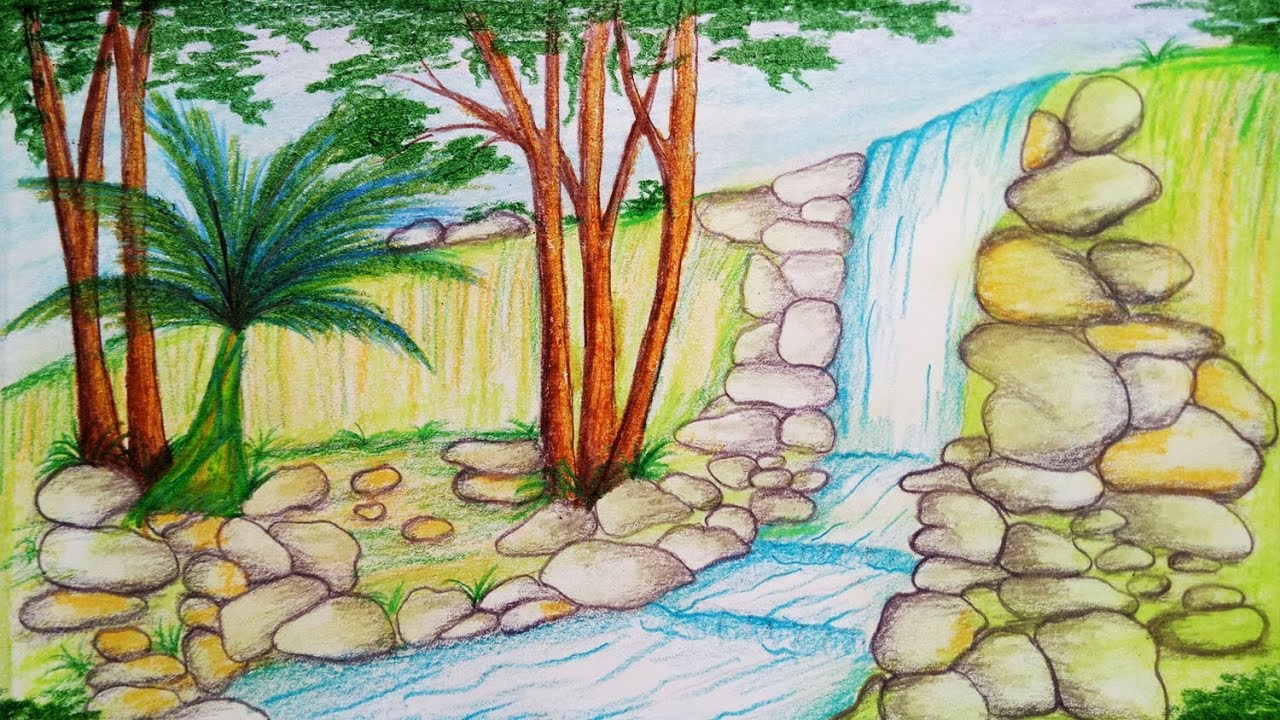 How to draw scenery of Stream waterfall.Step by step(easy draw) 