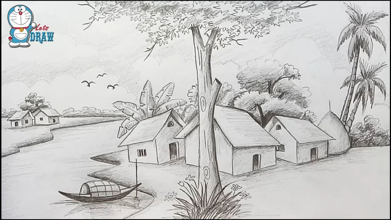 How to draw Scenery / Landscape by pencil sketch step by step 