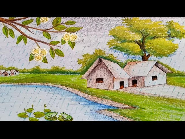 How to draw scenery of rainy season/ landscape step by step 