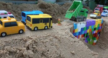 Tayo the Little Bus toy videos for kids ! Truck, Bulldozer, Excavator bridge on the sand | BIBO TOYS