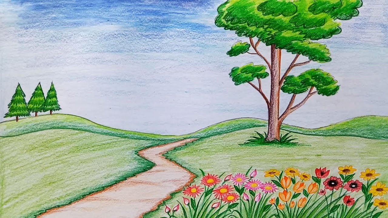 How to draw scenery of flower garden  step by step very easy  
