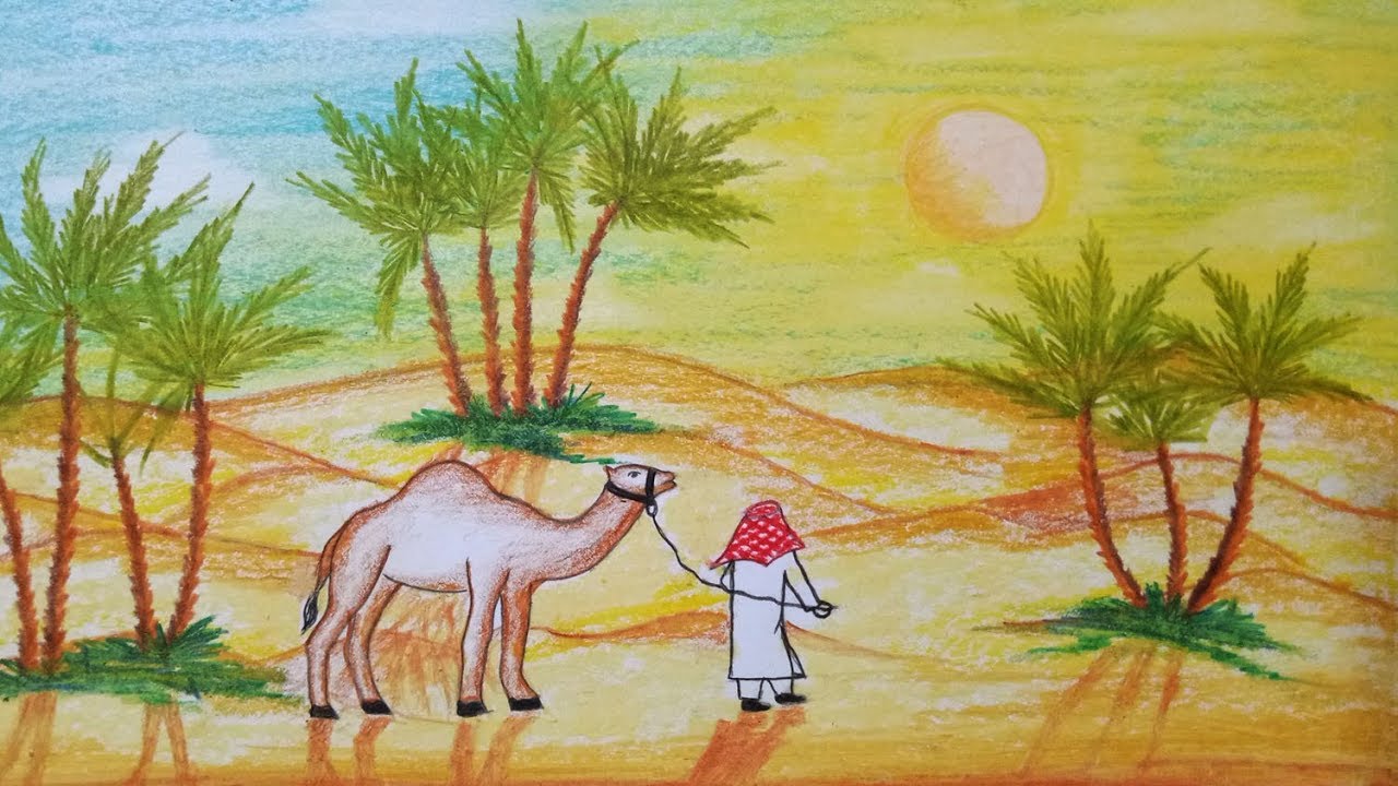 How to draw scenery of Desert with camel.Step by step(easy draw) 