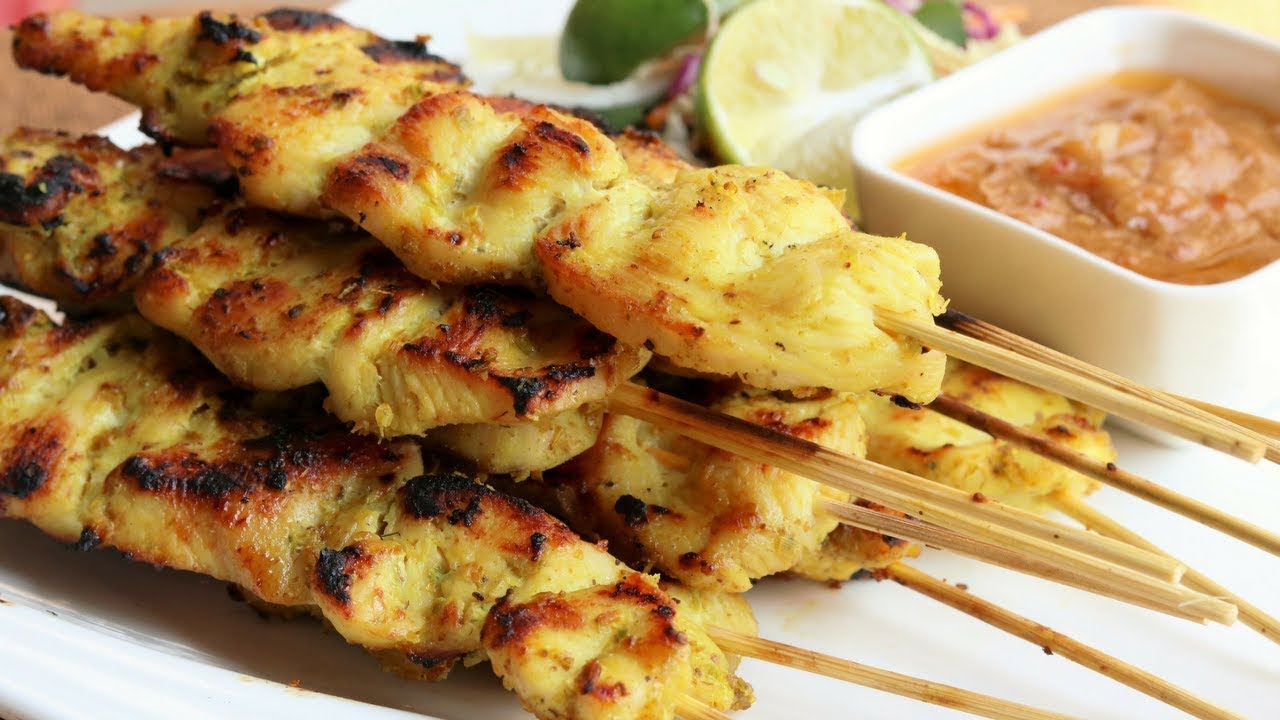 Satay Chicken w/ Peanut Dipping Sauce Recipe (Thai Style) 