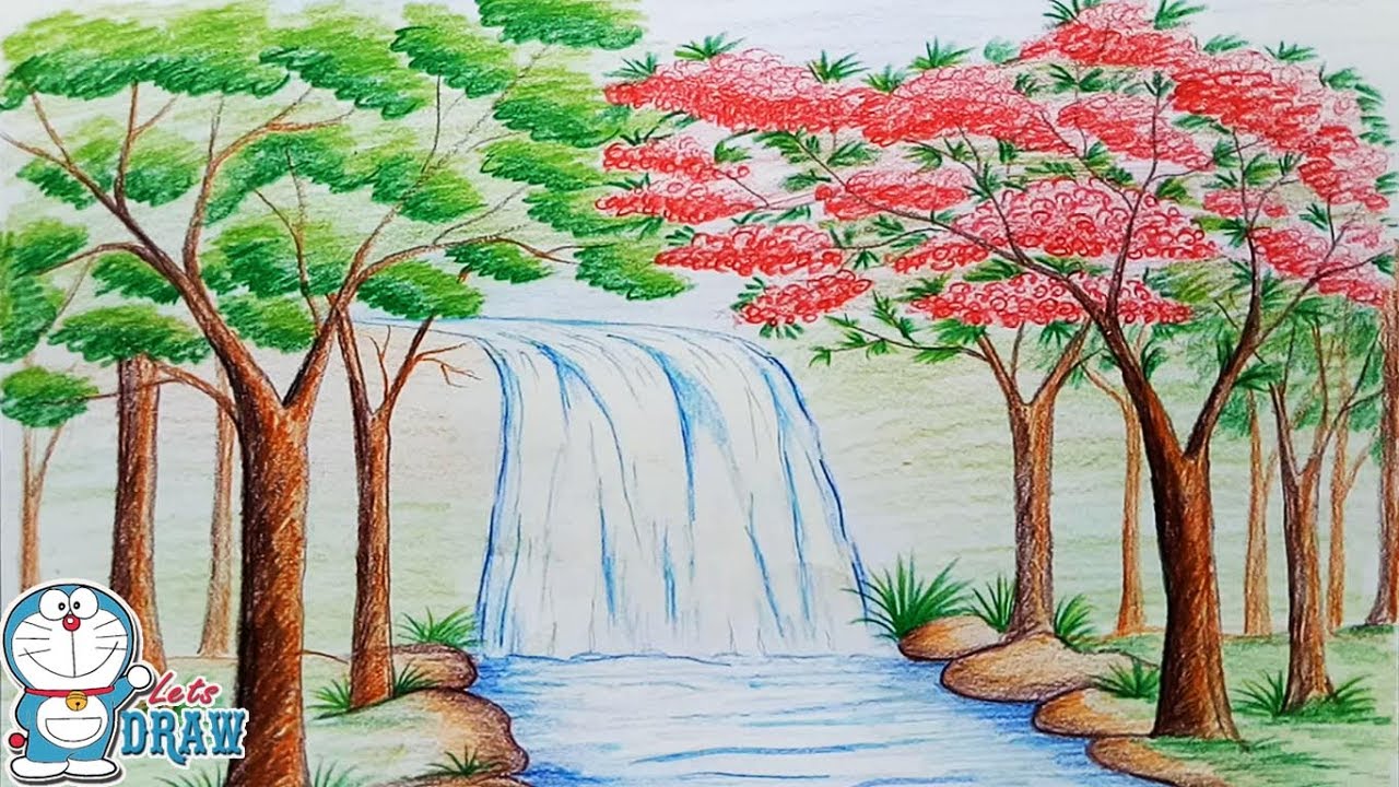 How to draw scenery of Stream waterfall step by step 