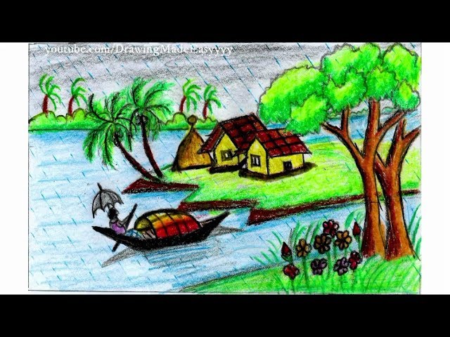 How to Draw Scenery of Rainy Season with Oil Pastel for beginners...step by step 