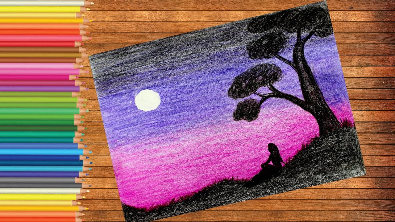 Step By Step Girl Alone Night Scenery Drawing with colored Pencils 