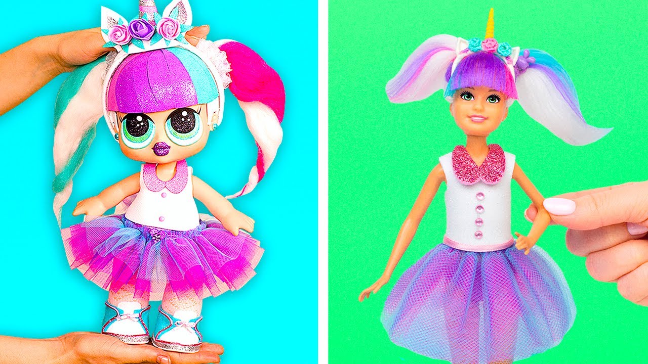 Barbie Doll L.O.L. Makeover! How To Make L.O.L. Unicorn Outfit And Hair 
