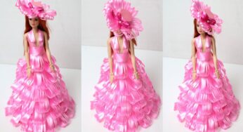 Doll Dress with plastic ribbon|Making doll dress & hat|How to Decorate a doll using plastic ribbon