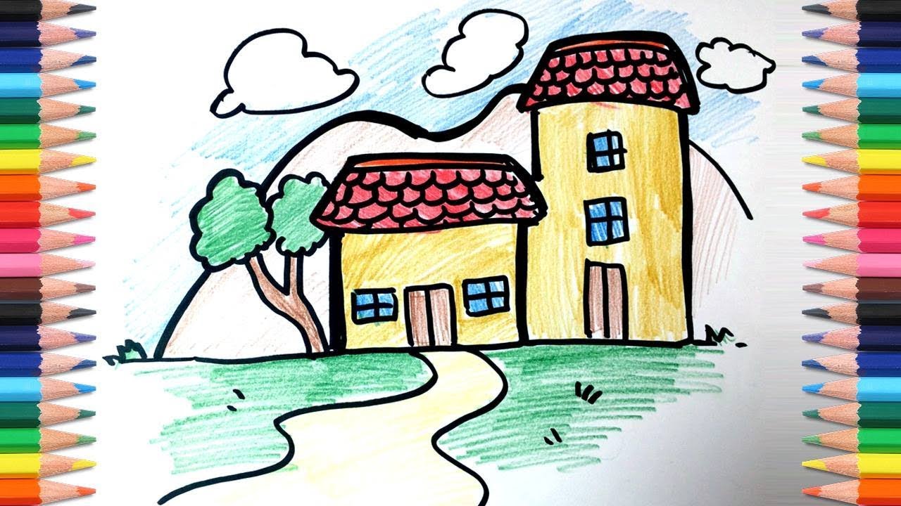 Drawing House Cloud Hill Tree And Coloring Easy Step By Step 