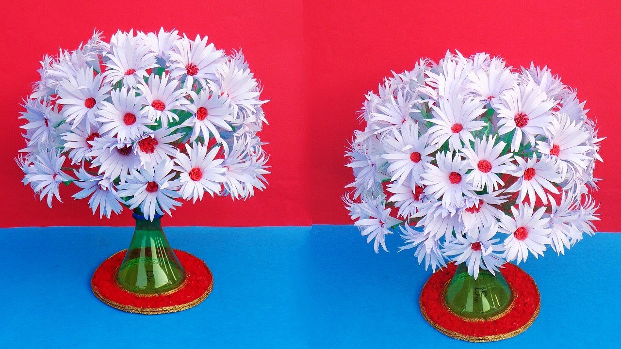 DIY Paper Flower Guldasta/How to make a Flower Vase with waste Plastic bottle/Best out of waste 