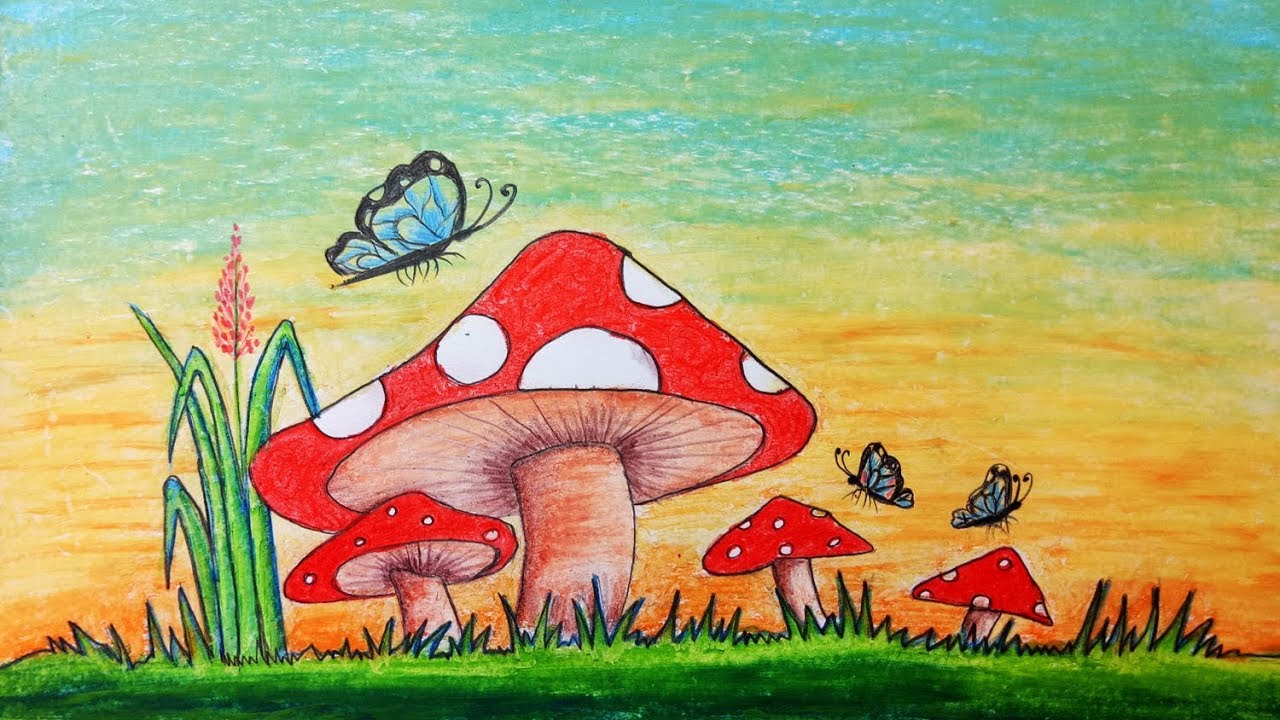 How to draw scenery of mushroom.Step by step(easy draw) 