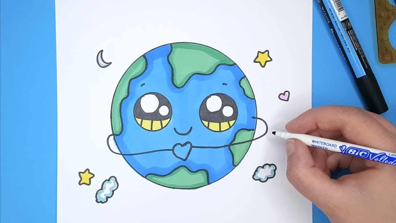 How to Draw cute EARTH Step by Step - Happy Drawings 