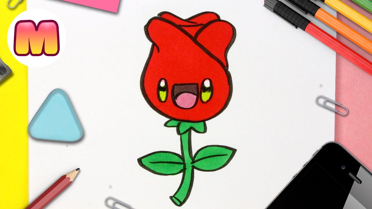 COMO DIBUJAR ROSA KAWAII PASO A PASO - Dibujos kawaii fáciles - Dibujos para san valentin 