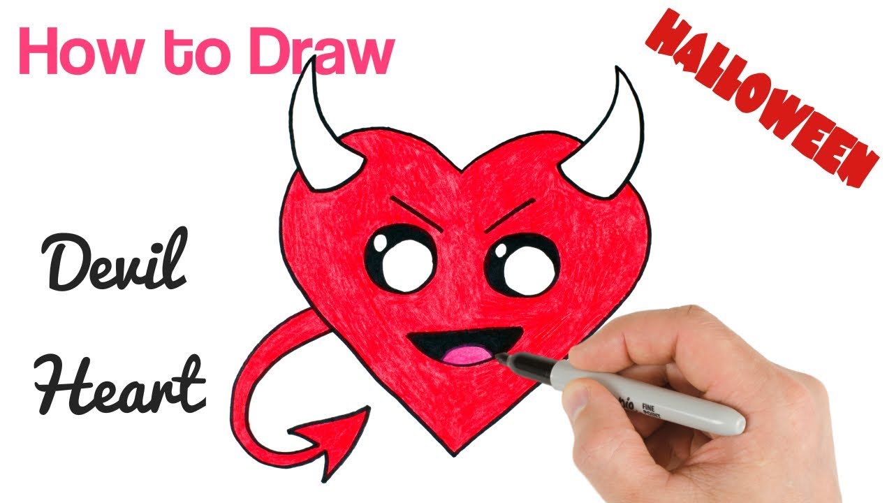 How to Draw Devil Heart Cute Emoji for Halloween Drawings 