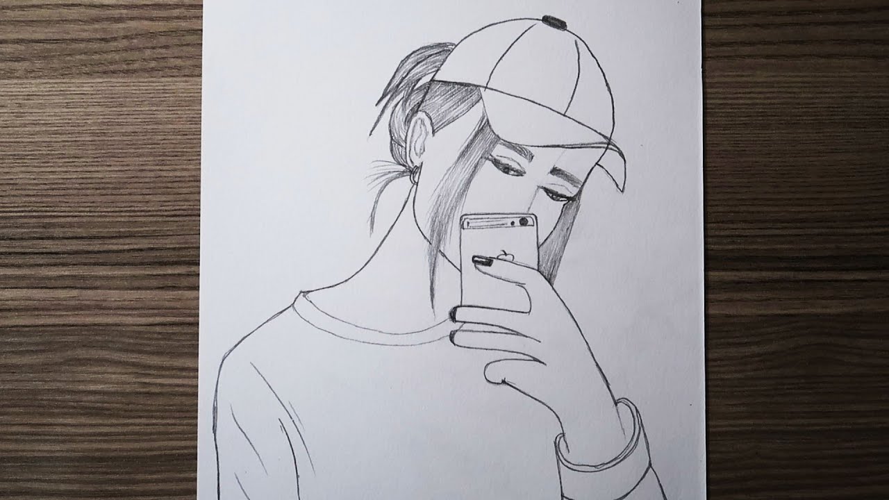 Telefonla Kendini Çeken Şapkalı Güzel Kız Çizimi / Drawing Beautiful Girl with Hat Pulling Her Phone 