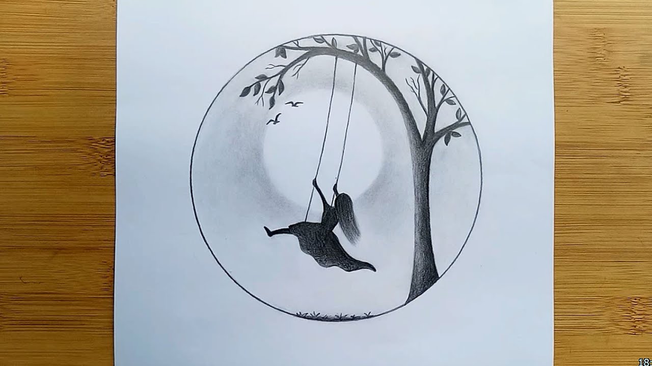 How to draw Alone Girl Swinging in a tree Pencil Sketch 