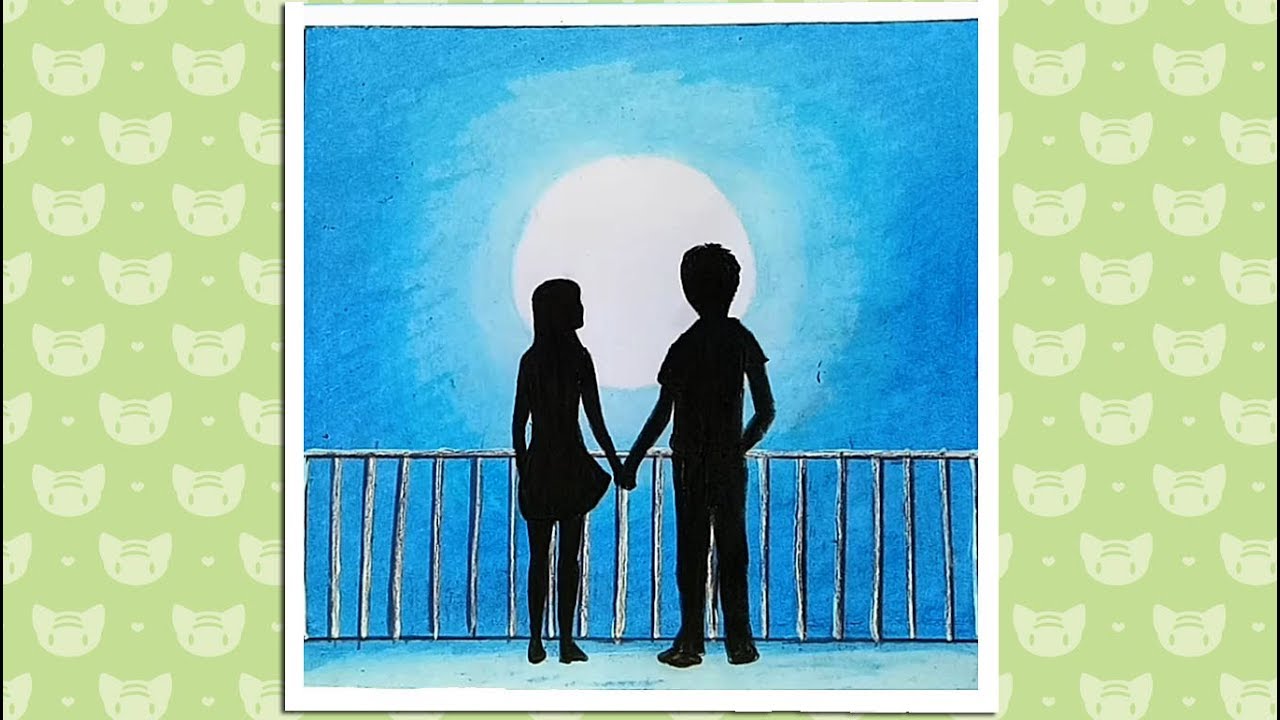 How to draw scenery of moonlit night with romantic couple 