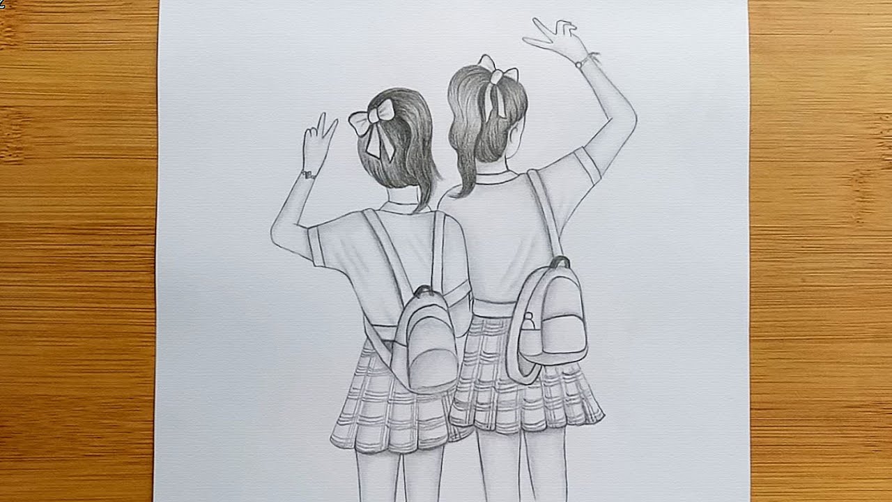 Friendship Day Drawing With Pencil Sketch//Draw School Going Girls Step