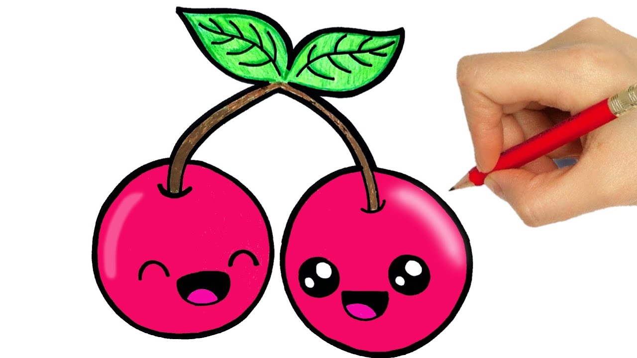 Drawing fruits, How to Draw Cherries With Color Pencils, kawaii drawings, how to draw a cute cherry 