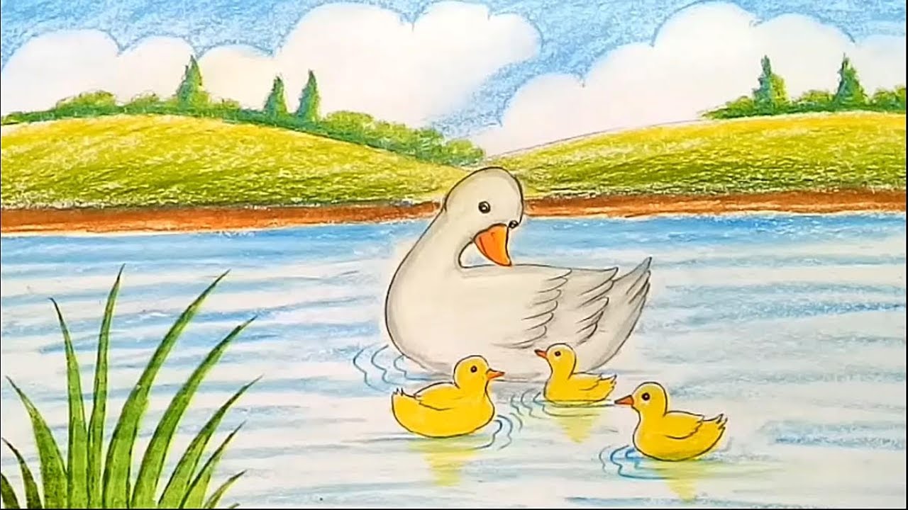 How to draw scenery of Mother duck and little ducklings swimming in the pond 