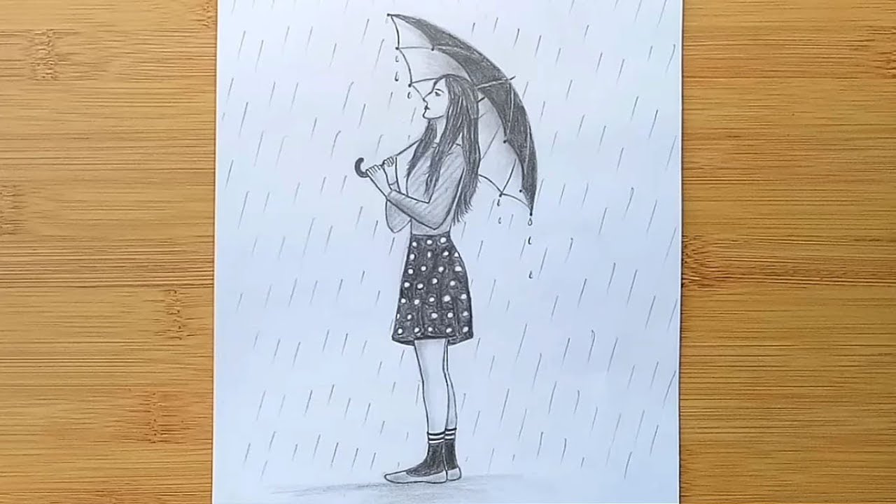 How to draw a girl with umbrella step by step / a rainy day pencil sketch 