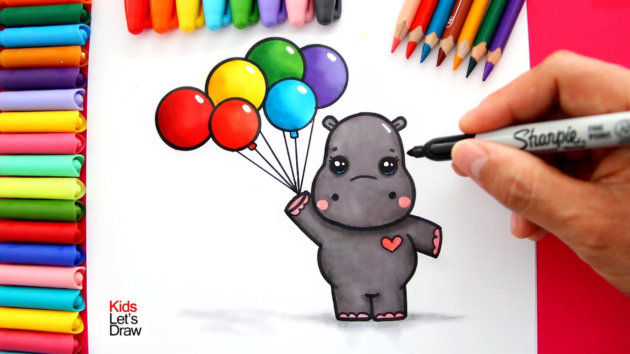 Cómo dibujar un HIPOPÓTAMO Kawaii con GLOBOS de COLORES 