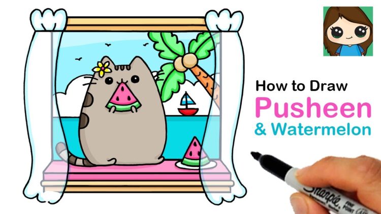 how to draw pusheen eating watermelon on vacation  summer
