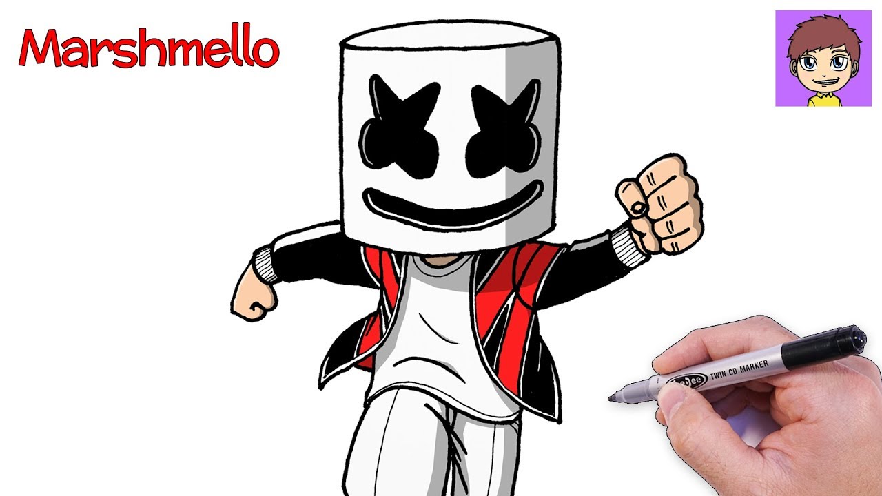 Como Dibujar a Marshmello con Chaqueta Roja Paso a Paso - Dibujos para Dibujar - Dibujos Faciles 