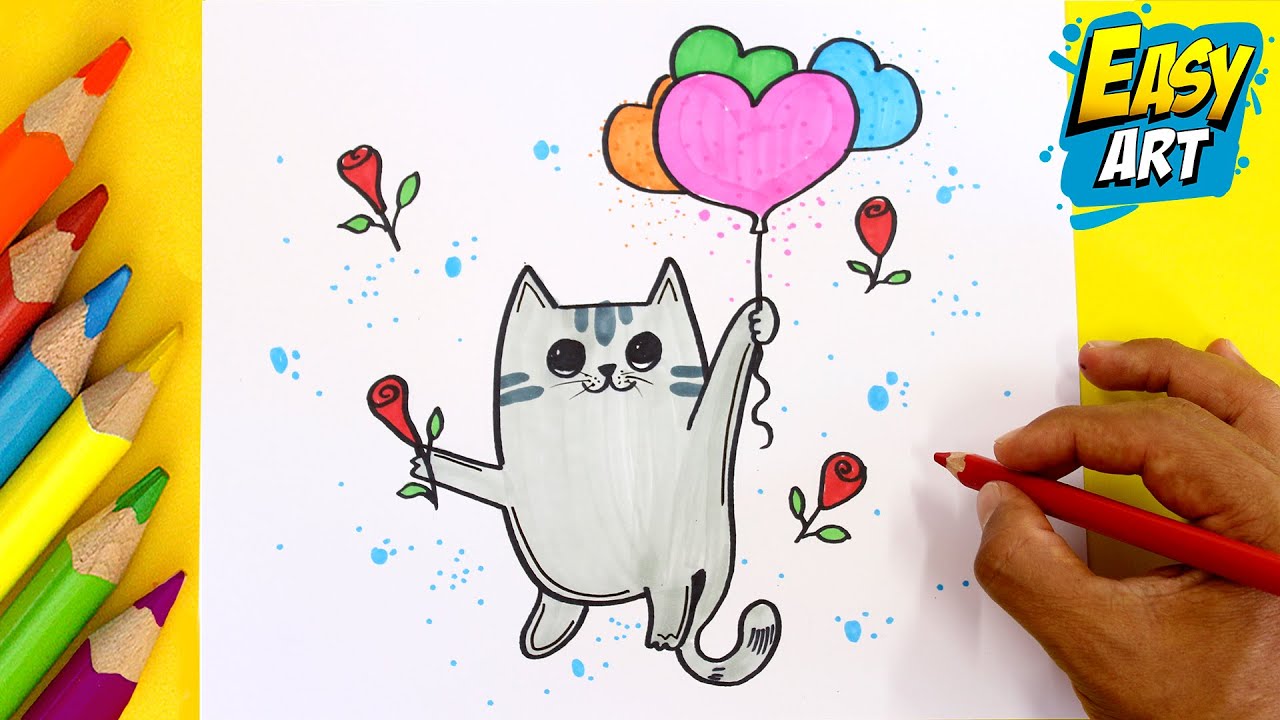 Cómo DIBUJAR un GATO con Globos de Colores y Rosas - How to DRAW a CAT with Colored Balloons roses 