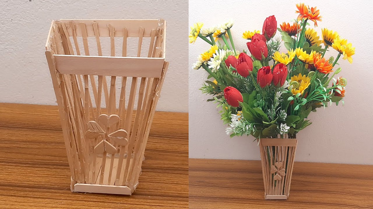 DIY Popsicle stick flower vase making idea (step by step video tutorial ) #Dian Crafts#Flower vase 