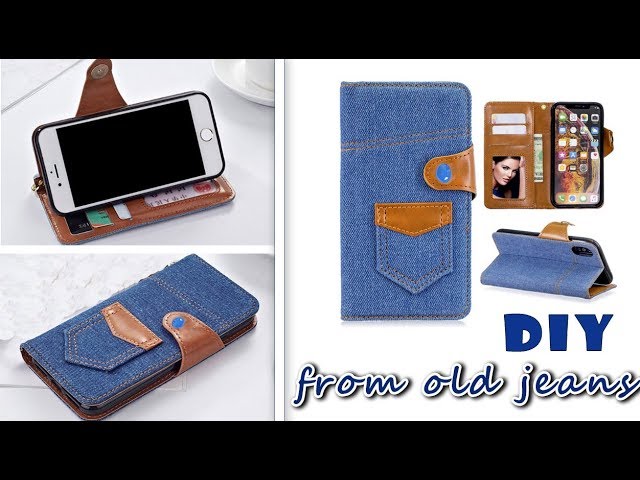 DIY FLIP PHONE CASE from old jeans& FAST WAY TO MAKE WITH CREDIT CARD HOLDER 