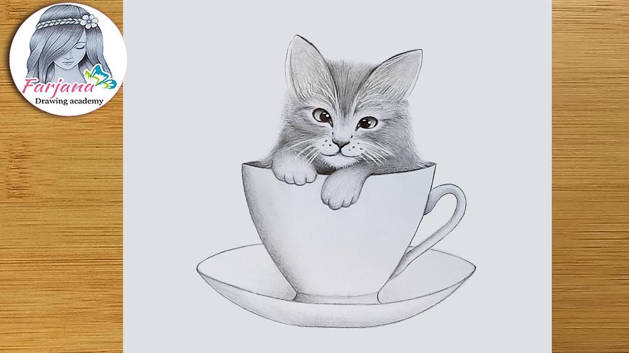 How to Draw a Cute Kitty in a Cup - Step by Step || Pencil sketch tutorial 