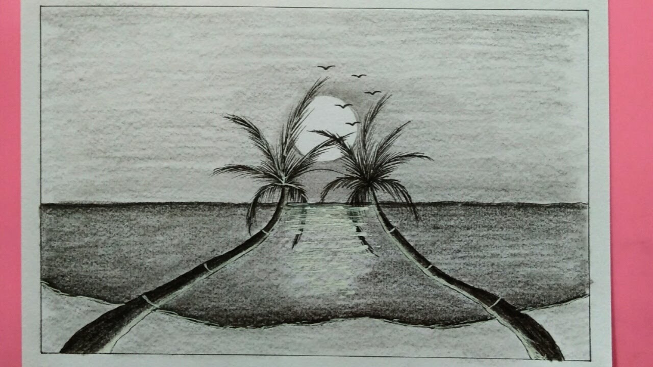 Cara Menggambar Pemandangan Pantai - Pencil Drawing 