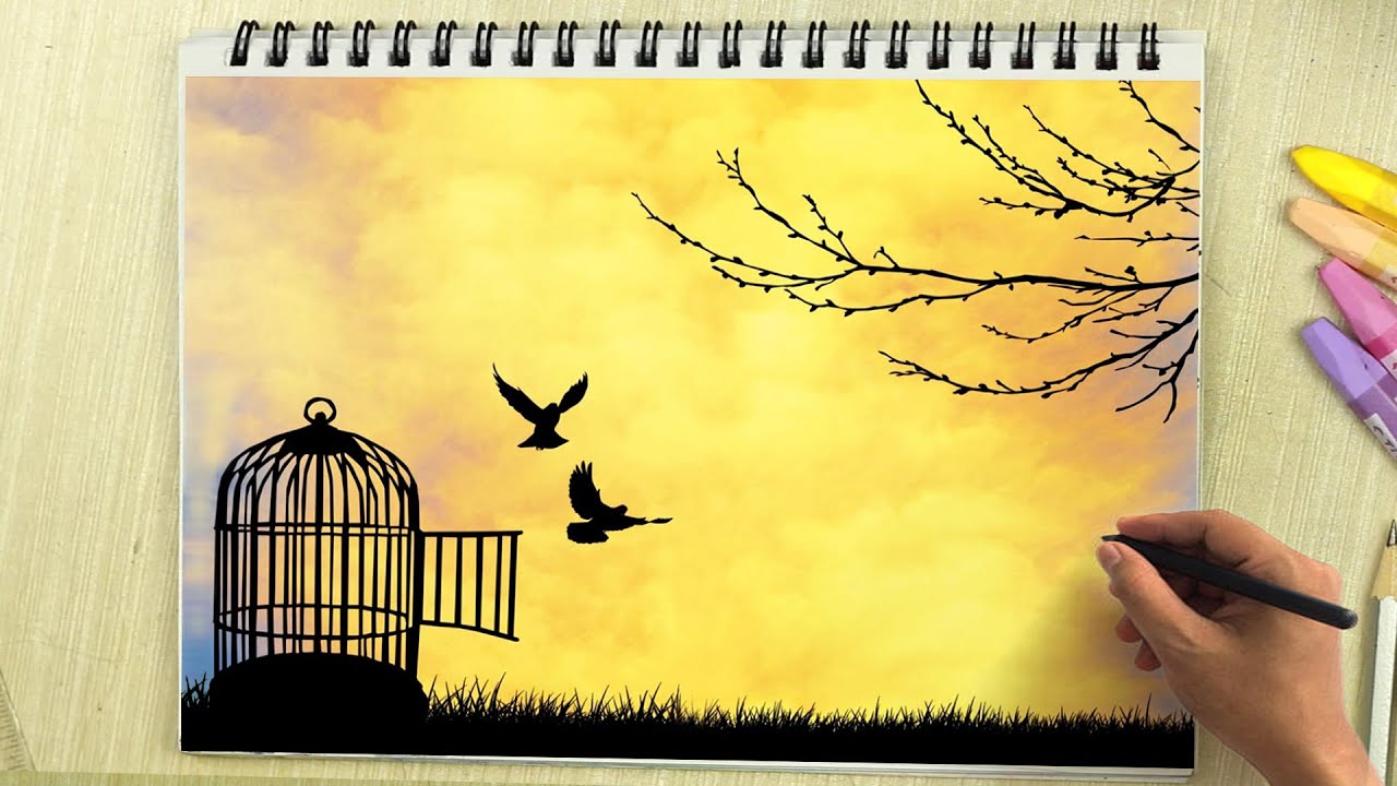 How to Draw Flying Birds free from Cage | Oil Pastel Drawing Freedom: Birds Free out of Bird Cage 