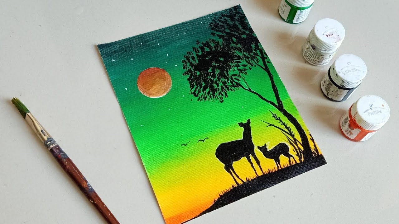 Deer in Green sunset scenery / Green Landscape painting / Easy Acrylic painting for beginners 