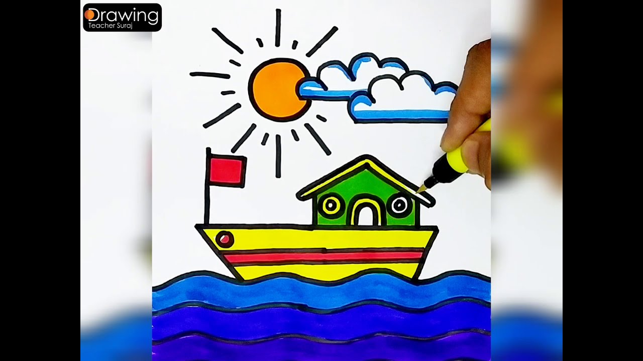 Wow! Easy House Boat Drawing & Colouring || House Boat Drawing, Easy For Kids, colouring pages 