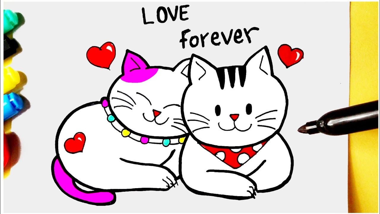 Como desenhar casal de Gatos fofos Kawaii ❤ Dia dos namorados - Desenhos para Desenhar 