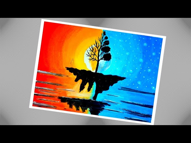 Easy sunset scenery drawing with tree and oil pastel colour 1