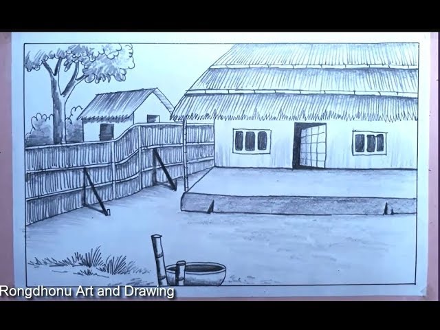 my village house drawing | Gramer ghor barir Drissho art (With Pencil) 