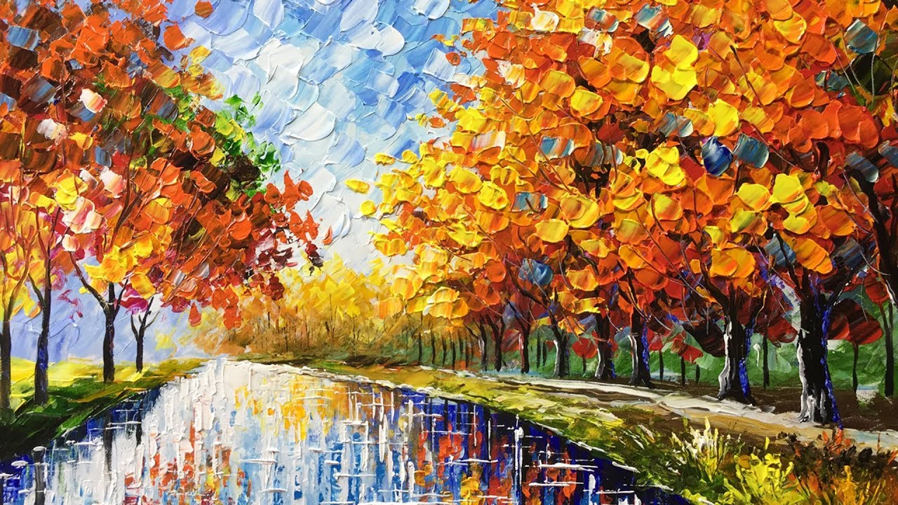 Landscape autumn palette knife acrylic painting 