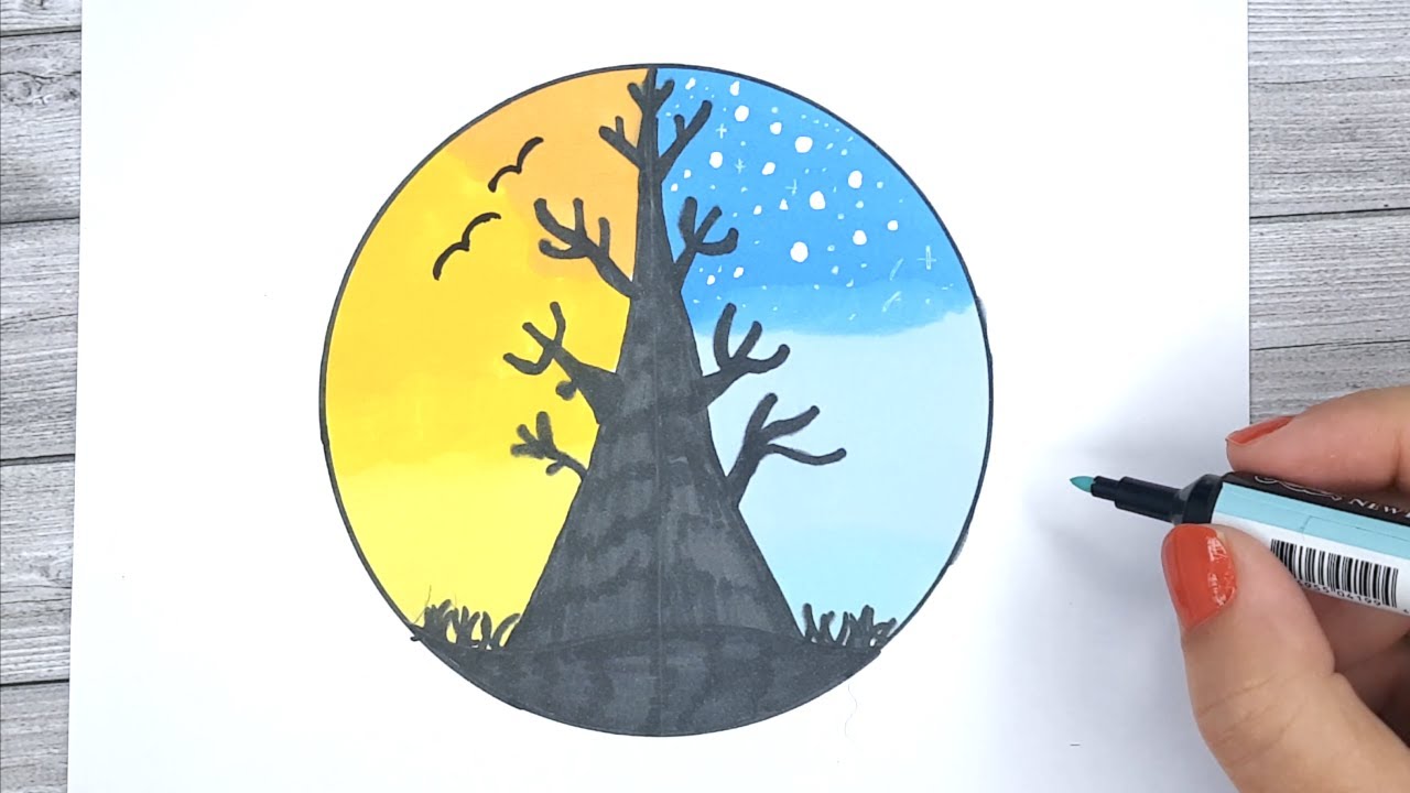 Day and Night Scenery Drawing - COOL AND EASY ART 