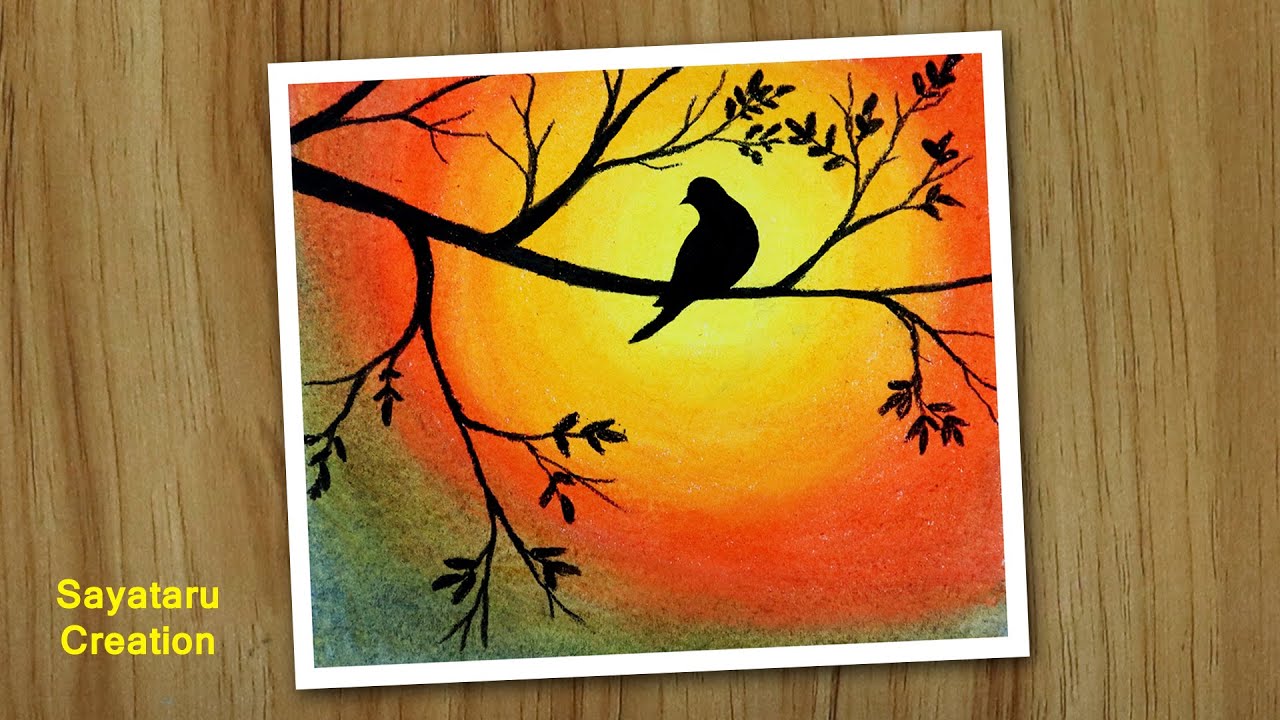 How to draw an alone Bird, Easy Oil Pastel Drawing for Beginners, Sunset Drawing 