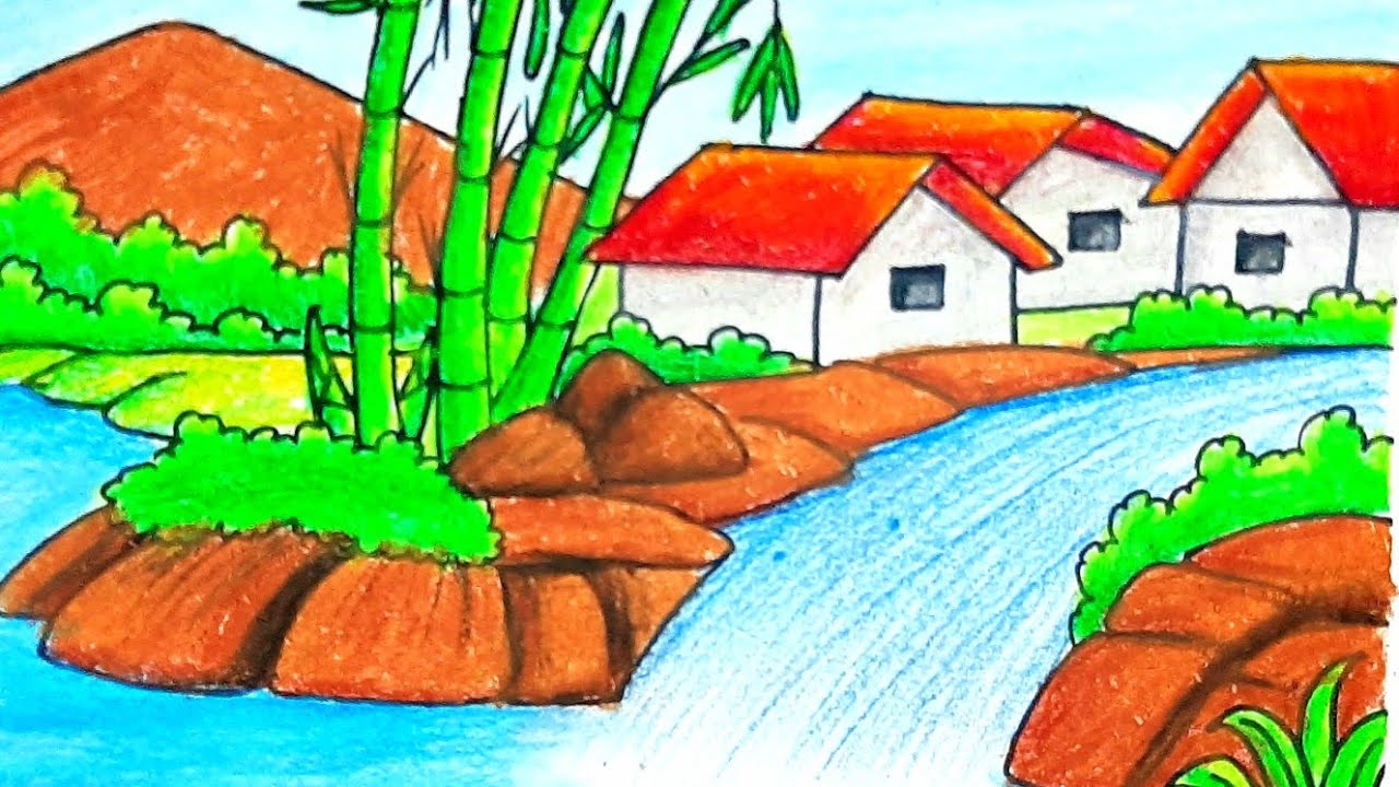 How to Draw easy scenery | drawing Landscape scenery with oil pastel color 