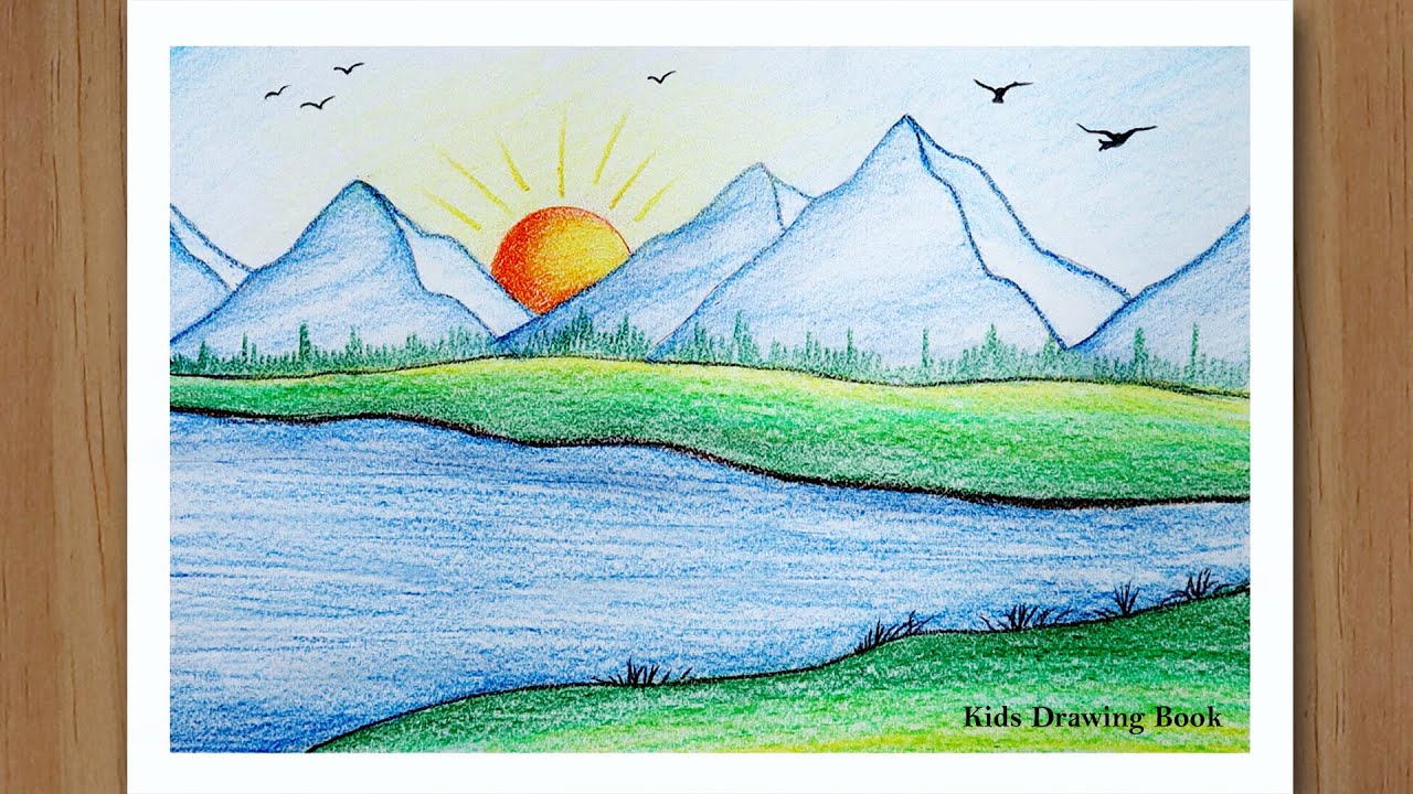 How to draw sunrise with colored pencils step by step - Mountain Scenery Drawing for beginners 