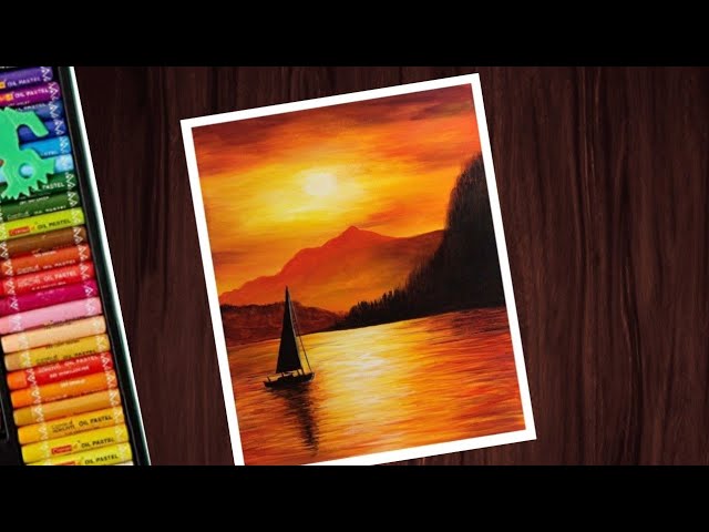 How to draw sunset scenery with oil pastels -step by step 