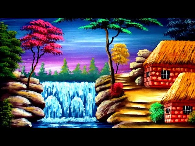 Waterfall scenery drawing painting | village scenery painting step by step | painting tutorial 