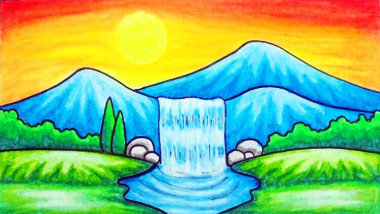 How To Draw Easy Scenery Drawing Waterfall At Sunset Scenery Step By Step With Oil Pastels How to draw scenery of moonlight with oil pastel step by step in this video i show you how to draw beautiful moonlight scenery how to draw a sunset scenery with nest landscape drawing for beginner. how to draw easy scenery drawing