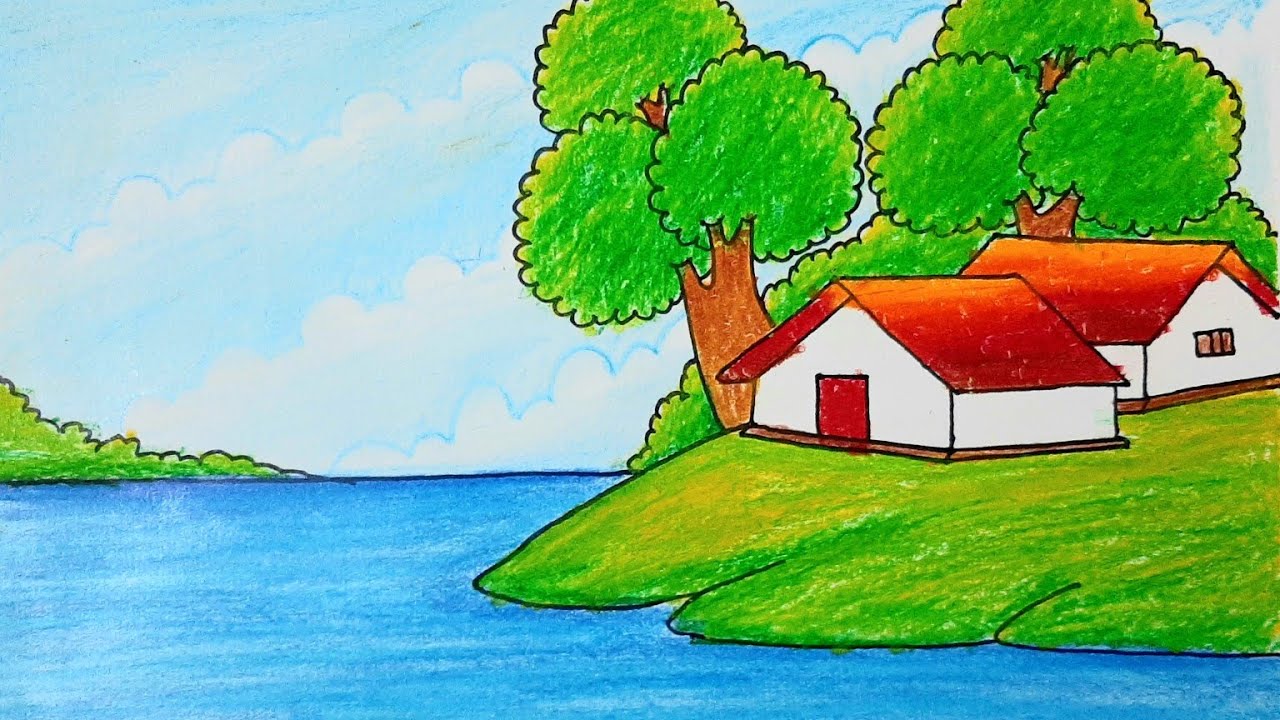 How to draw a Riverside Scenery with beautiful village scenery drawing ( very easy) 1